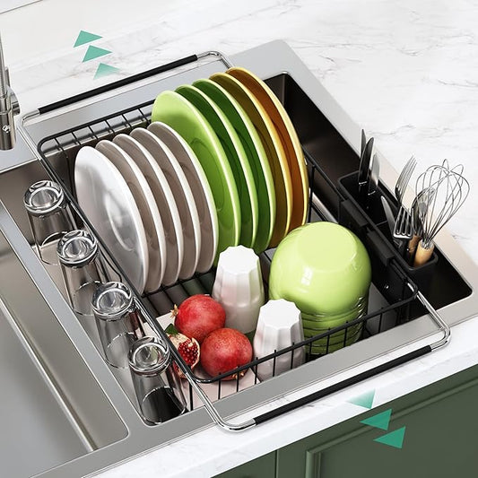 romision Dish Drying Rack in Sink, Black Dish Drying Rack Over Sink, Stainless Steel Black Dish Strainers for Kitchen Sink with Utensil & Cup Holder