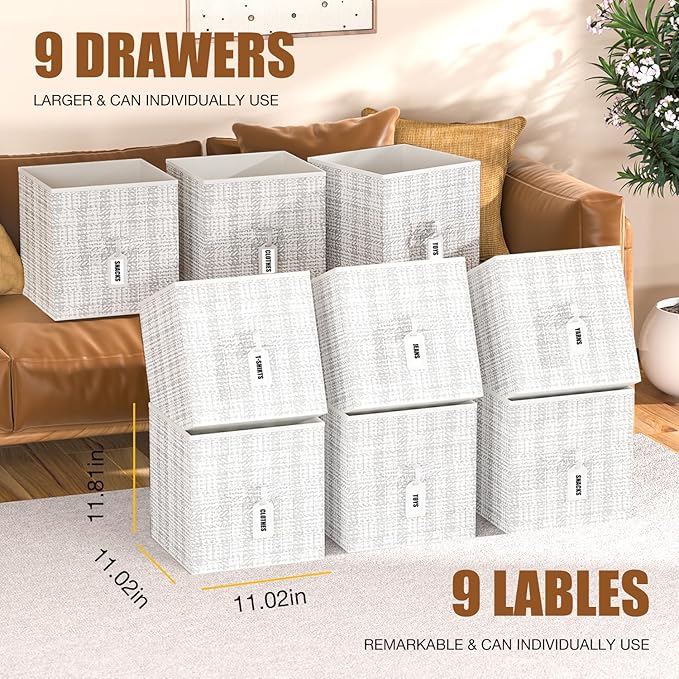 9 Cube Storage Organizer with Printed Drawers, Toy Cubby Storage for Closet, Living Room, Dorm - White-NeatNest