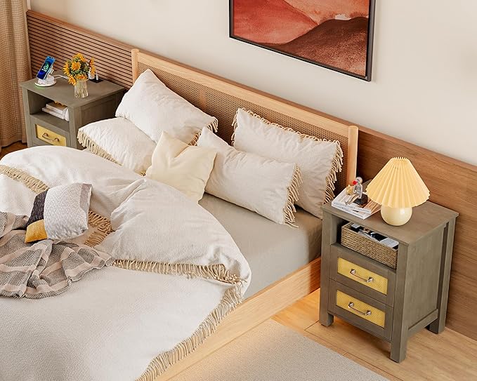 JUMMICO 26.18" End Table with Charging Station and Rattan Drawers, Farmhouse Nighstand, Wooden Storage Bedside Table, Living Room, Bedroom(2, Vintage Gray)
