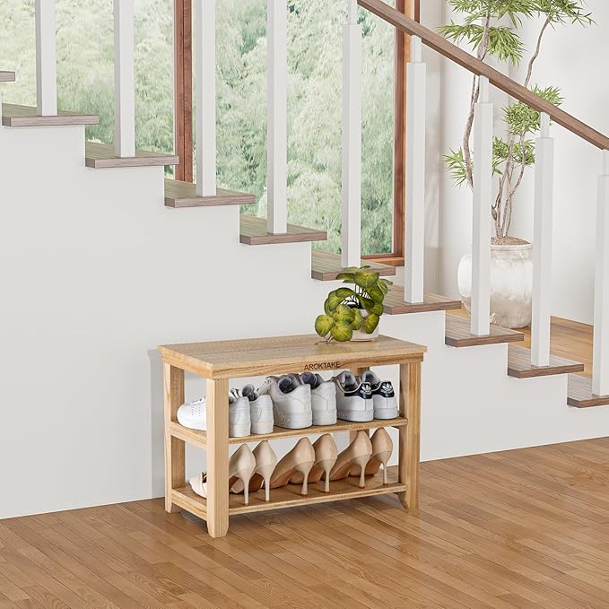Small Shoe Rack Bench, Wooden Shoe entryway Bench, Shoe Organizer for Hallway, Living Room(Natural, 23.62”)-NeatNest