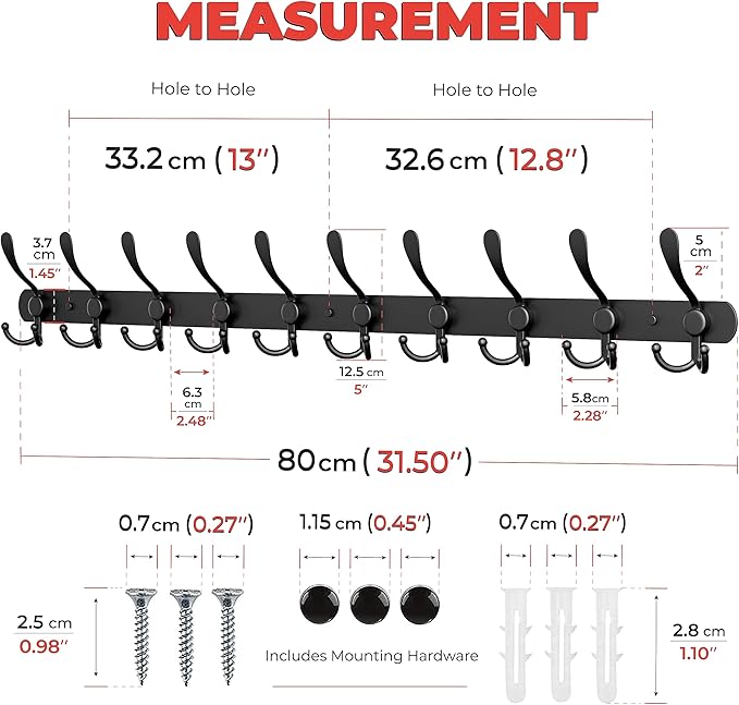 Coat Rack Wall Mount with 10 Tri Hooks, Stainless Steel 32 Inch – Black Matte Finish, Heavy Duty Wall Mounted Hook Rack for Coats, Hats, Towels, Scarfs, Robes, Bags, Entryway & Bathroom - 2 Pack-NeatNest