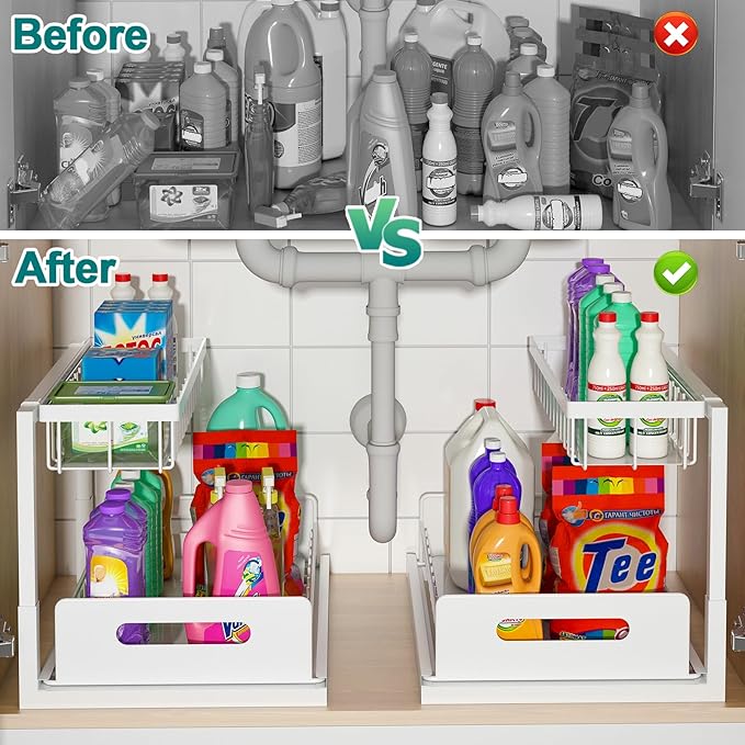 bukfen Under Sink Organizer, Pull Out Cabinet Organizer 2-Tier Slide Out Sliding Shelf Under Cabinet Storage Multi-Use for Under Kitchen Bathroom Sink Organizers and Storage,White,1 Pack-NeatNest