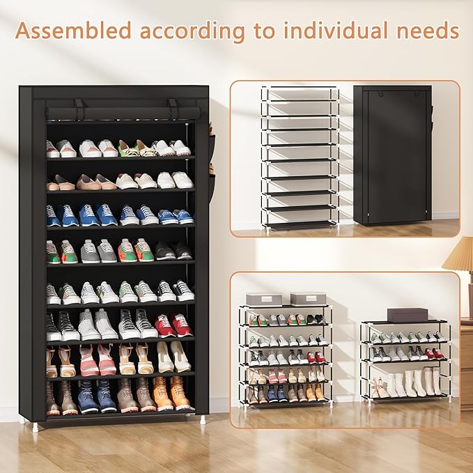 Laiensia 9-Tier Vertical Shoe Rack Organizer, Space Saving Shoe Storage Organizer, Non-Woven Cover Shoe Shelf Holds 36-45 Pairs for Bedroom, Hallway, Closet Entryway, Black-NeatNest