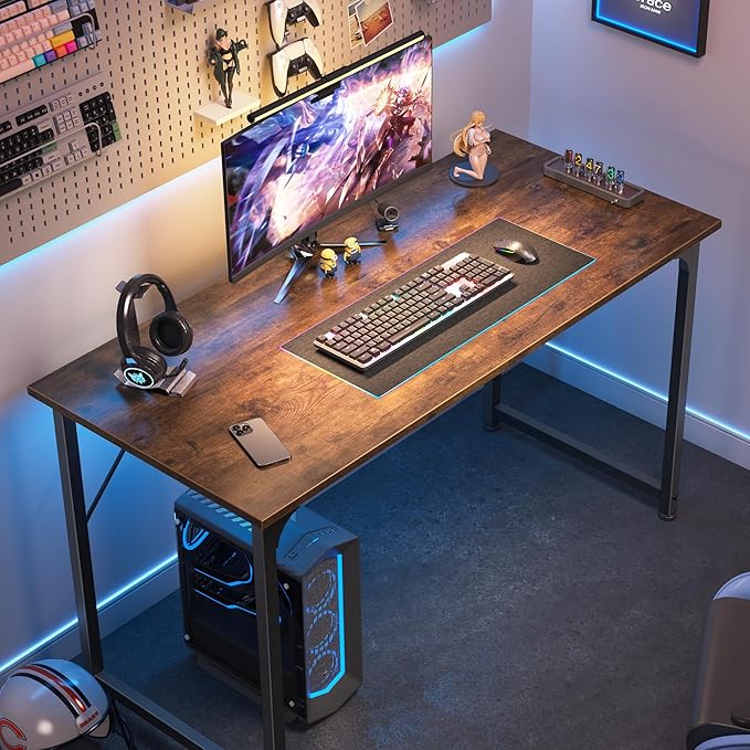 Huuger Computer Desk, 40 Inch Office Desk, Gaming Desk with Storage, Writing Desk Work Desk for Home Office, Study, Modern Simple Desk, Large Legroom, Metal Frame, Rustic Brown-NeatNest