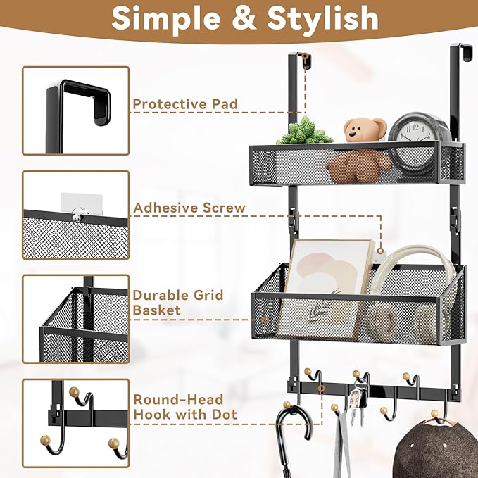 Over The Door Hooks Organizer: Hanging Back of Door Storage Organizer - Waterproof Heavy Duty Door Hanger Towel Rack with 7 Coat Hooks and 2 Mesh Baskets for Bathroom Bedroom and Kitchen (Black)