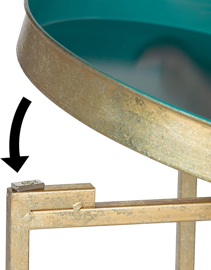 Kate and Laurel Celia Round Metal Foldable Tray Accent Table, Teal with Gold Base