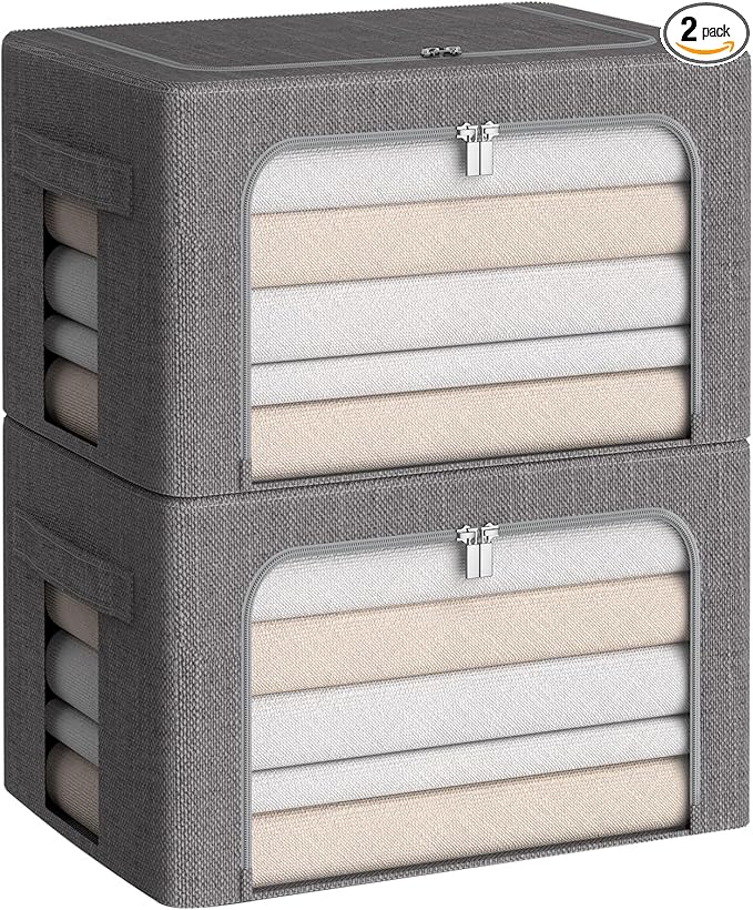 Clothes Storage Bins Box - Linen Fabric Foldable Stackable Container Organizer Set with Clear Window & Carry Handles & Metal Frame (Dark Gray, Medium-36L)-NeatNest