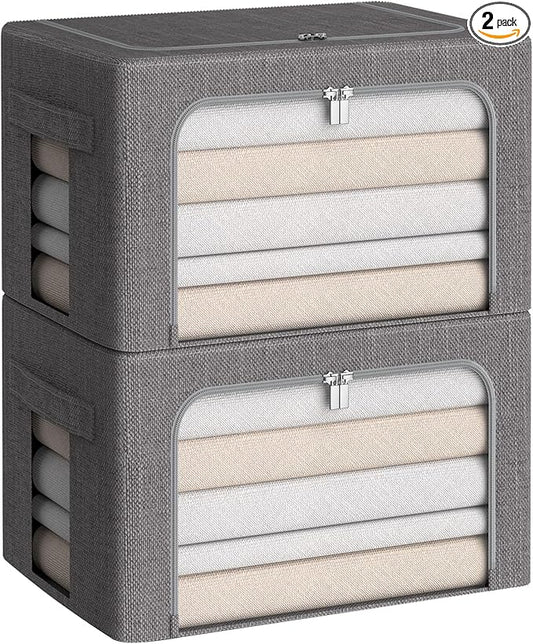 Clothes Storage Bins Box - Linen Fabric Foldable Stackable Container Organizer Set with Clear Window & Carry Handles & Metal Frame (Dark Gray, Medium-36L)-NeatNest