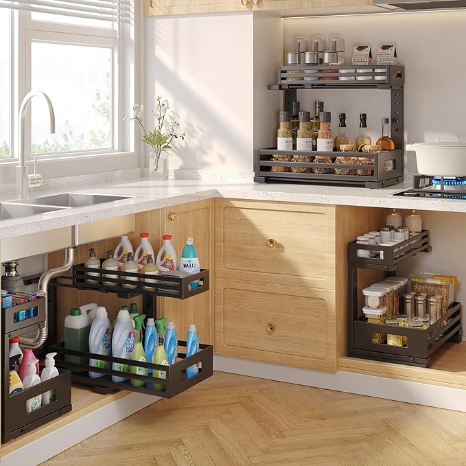 1-Pack Under Sink Organizers and Storage,2-Tier L Shape Pull Out Cabinet Organizer With Round Tube Slide Rails,Hight Adjustable Slide Out Drawers for Kitchen&Bathroom,Multi-Purpose Storage Shelf-Black-NeatNest