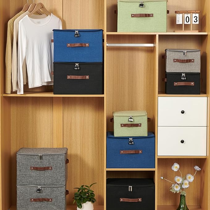 2PCS Storage Bins Boxes with Zipper Lid Combination Lock PU Leather Handle Cotton Linen Fabric Lidded Lockable Basket Foldable Washable Closet Shelf Organizer Container (Light Gray, Small)