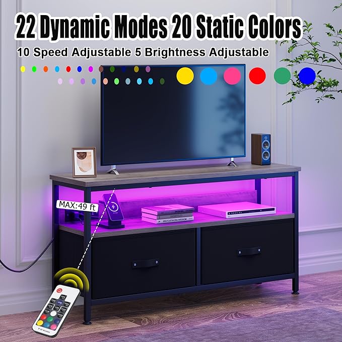 39" Dresser TV Stand for TVs up to 50", Media Console with LED Lights, Charging Station & 2 Drawer Storage Chest, Gaming Entertainment Center with Storage for Bedroom (Grey, 39 in)-NeatNest