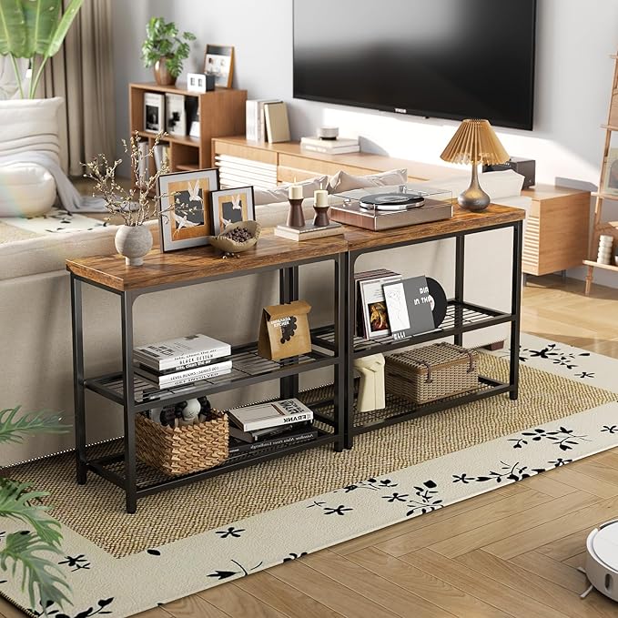 32" Small Console Table, 3-Tier Entryway Table, Sofa Table with Mesh Shelves, Console Tables for Living Room, Bedroom, Hallway, Entryway, Foyer, Rustic Brown-NeatNest