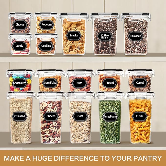 Skroam 32 PCS Airtight Food Storage Containers with Lids, Kitchen and Pantry Organizers and Storage, BPA Free, Plastic Food Storage Canisters for Flour, Sugar, and Cereal, Labels & Marker