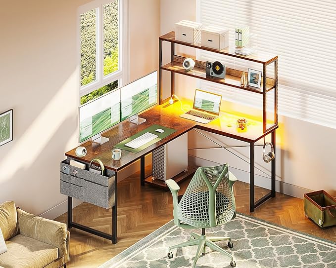 Casaottima Gaming Desk with Power Outlets & LED Lights, 53 Inch Reversible L Shaped Computer Desk with Shelves & Storage Bag, Corner Desk for Home Office, Vintage-NeatNest