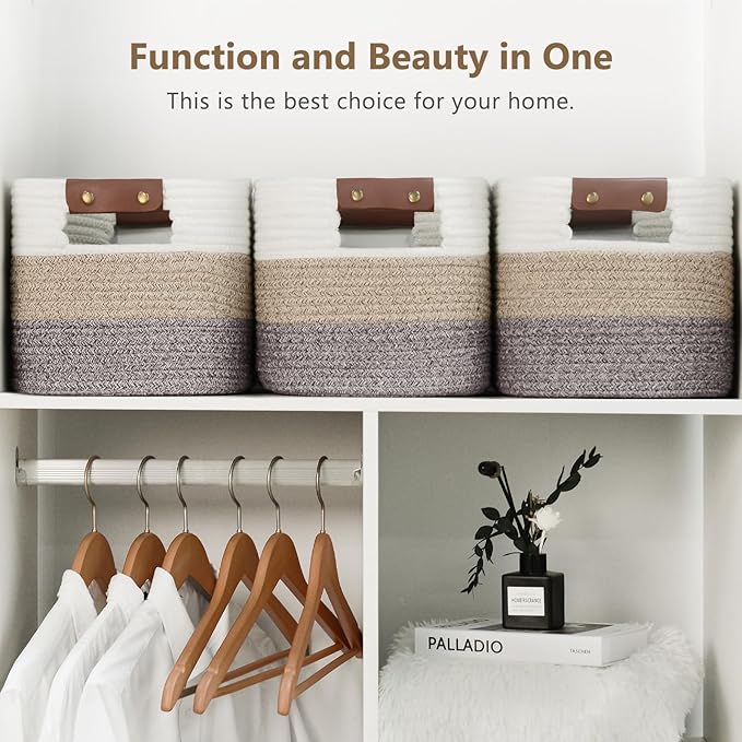 Cotton Rope Basket , Storage Baskets with Handle, 15x10x9 Inch Woven Basket for Shelves, Laundry, Towels, Clothes, Books, Toys (Gradient Brown 3 Pack)-NeatNest