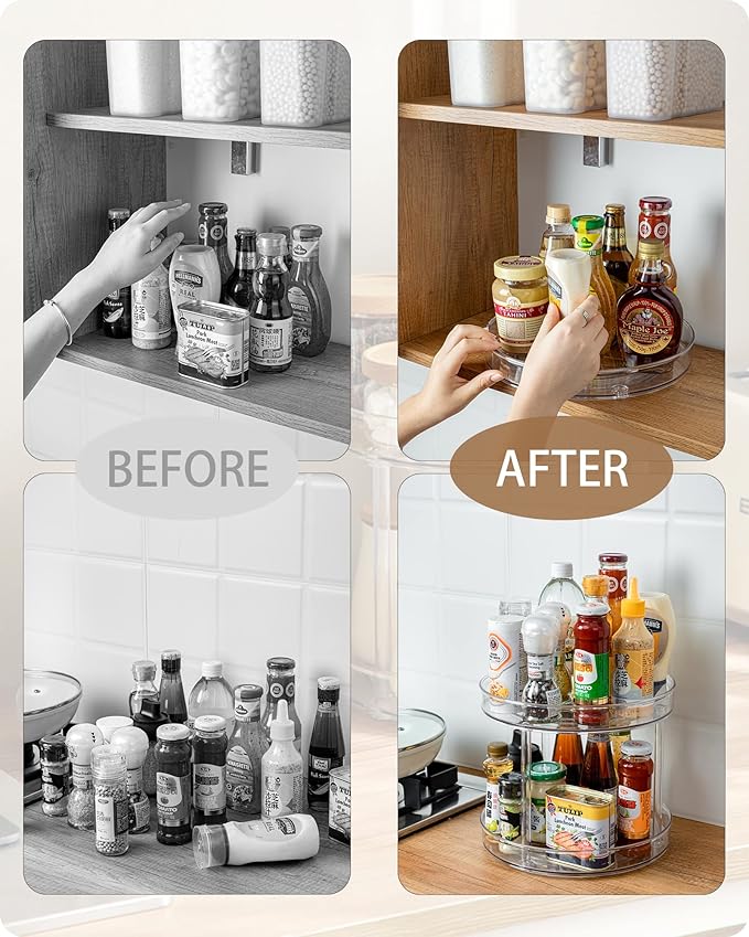 Roninkier 2-Tier Clear Lazy-Susan Turntable – 9-Inch Pantry Spice-Rack Cabinet-Organizer – Plastic Lazy Susan Makeup Organizer for Bathroom Countertop