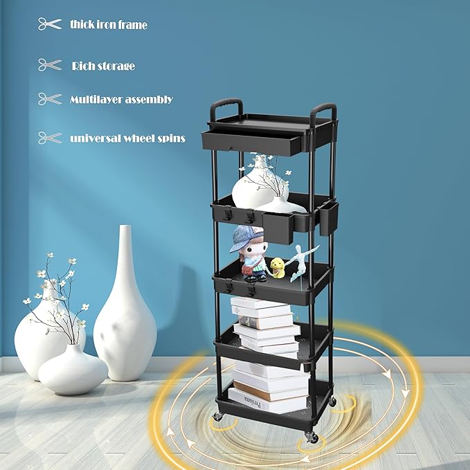 5 Tier Rolling Utility Cart with Drawer,REBECAT Utility Cart Made of Multifunctional Storage Organizer Tool for Kitchen,Bathroom,Living Room,Office(Black)-NeatNest