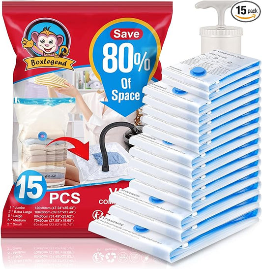BoxLegend Vacuum Storage Bags with Large Hand Pump 15 Combo (1X-Jumbo, 2 Jumbo, 5 Large, 5 Medium, 2 Small) Thickened Vacuum Seal Bags for Clothing Pillow Comforters Bedding,1 Large Pump-NeatNest