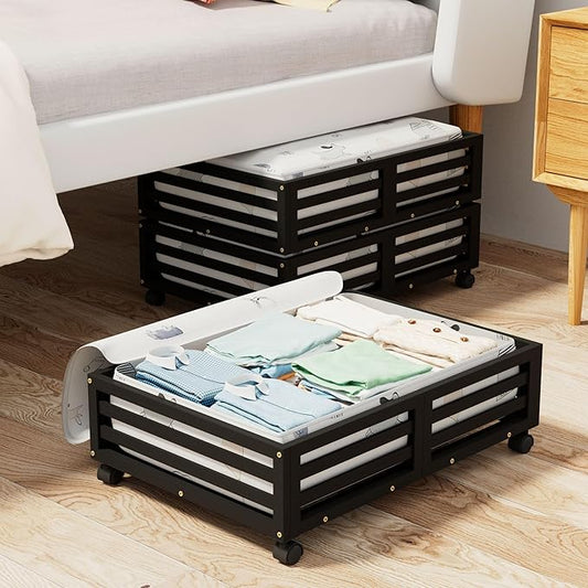 Bamboo Under Bed Storage Containers- Underbed Organizer with Wheels with Large Capacity Dust Bag,Sturdy Wood Rolling Under Bed Shoe Storage Organizer 2 Packs (Black, 2 Packs (23.62"×16.54"))-NeatNest