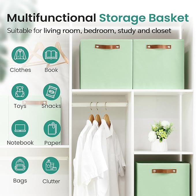 6-Pack Collapsible Fabric Storage Cubes with Handles & Label Holders, Closet Cube Home Organizer Bins (Sage Green, 13 x 13 x 13 inch)