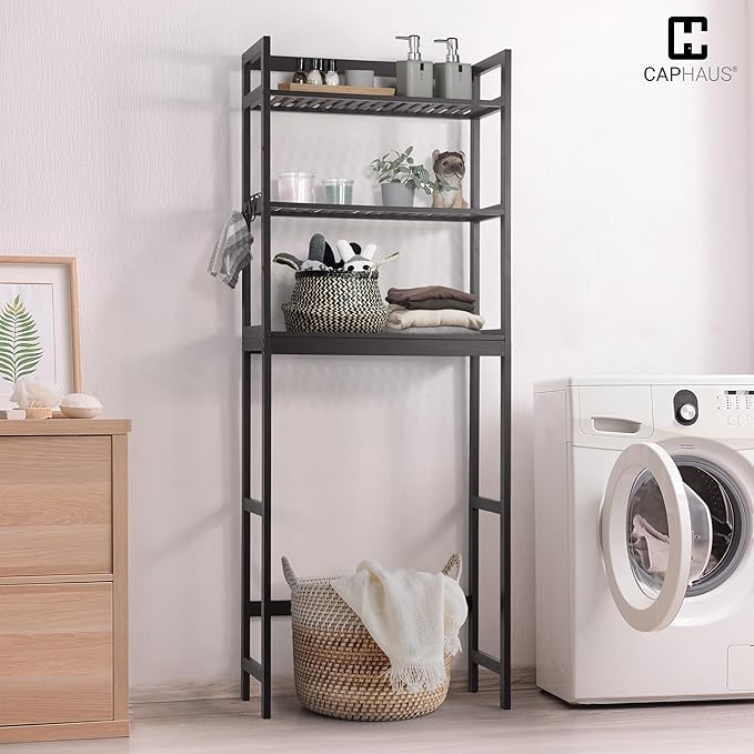 CAPHAUS Over The Toilet Storage Shelf,3-Tier Over-The-Toilet Shelf Rack with Adjustable Feet & Hooks, Freestanding Bamboo Toilet Shelf, Bathroom & Laundry Organizer, Balcony Plant Stand, Black-NeatNest