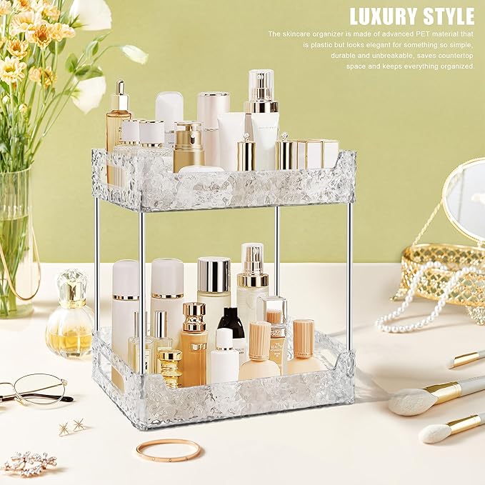 2-Tier Bathroom Counter Organizer Countertop Storage, Dresser Organizer Vanity Tray for Makeup, Perfume Organizer Cosmetics Skincare Shelf - Clear-NeatNest