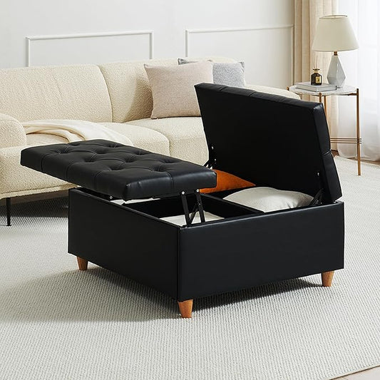GAOMON Leather Storage Ottoman Coffee Table with Lift Top, Faux Leather Tufted Upholstered Ottoman with Storage, Large Square Storage Ottoman Bench for Bedroom Living Room(Leather, Black)