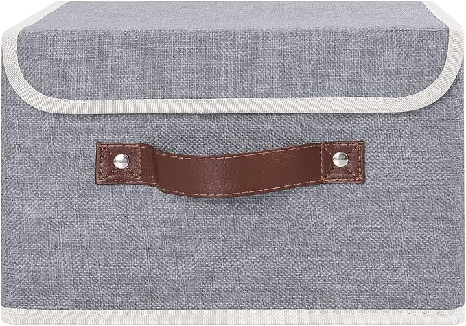 ANMINY Storage Bin with Lid Storage Boxes with PU Leather Handles PP Plastic Board Decorative Foldable Lidded Cotton Linen Fabric Home Cubes Baskets Closet Organizer Container - Gray, Small Size-NeatNest