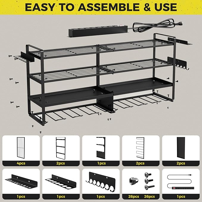 2 Pack Power Tool Organizer Wall Mount with Charging Station, 8 Outlet Power Strip & 4 Layers Storage Rack with 8 Drill Holders for Cordless Tools, Heavy Duty Utility Racks for Garage Workshop