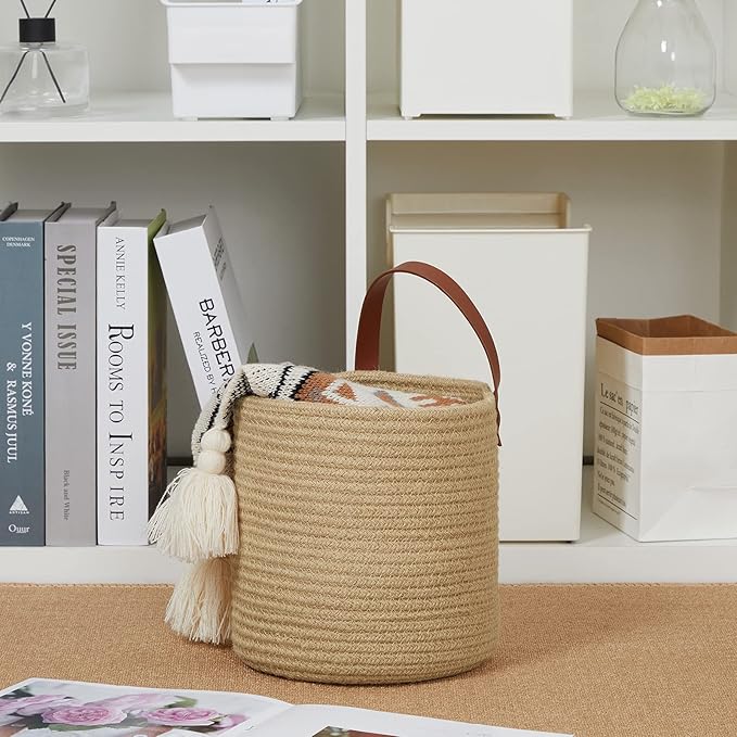 DULLEMELO Small Jute Hanging Basket 2 Pack - 7"D x 8"H, Woven Storage Basket With Leather Handle, Wall Decor Plants-NeatNest