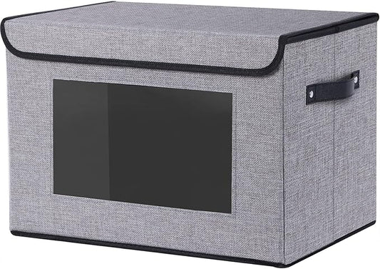 Cloth Storage Cubes, Decorative Linen Closet Organizers Bins, 17.7 x 11.8 x 11.8 inch Blanket Baskets for Shelves with Lids, Clothes Boxes with Handles, Gray, 1-Pack-NeatNest
