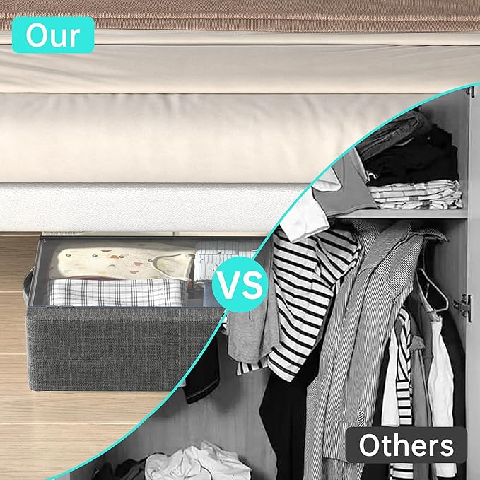 3PCS Under Bed Storage Bins with Metal Frame, Linen Fabric Frame Storage Box Clothes Organizer Bins, Underbed Container with Clear Window (Dark Grey, 15.7 x 13 x 6IN)-NeatNest