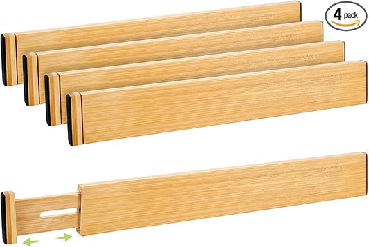 Drawer Divider, Adjustable Bamboo Kitchen Drawer Organizer, Spring Loaded Drawer Organizer, Dresser Separators for Kitchen, Bathroom, Clothes, Office Desk Storage (Natural, 4 Pack Large)-NeatNest