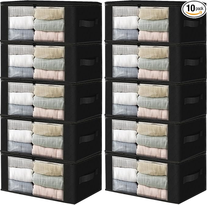 HomeHacks Storage 10-Pack Clothes Organizer Storage Bags Foldable Storage Box with Large Clear Window Sturdy Handles for Closet, Dorm, Pillows, Bedding, Clothes, Blankets, 35L, Black-NeatNest