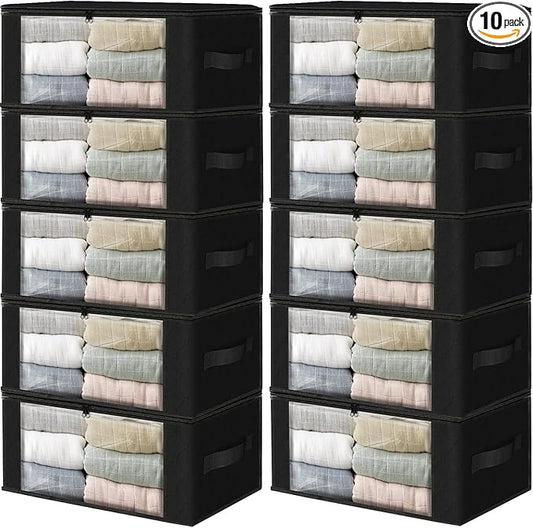 HomeHacks Storage 10-Pack Clothes Organizer Storage Bags Foldable Storage Box with Large Clear Window Sturdy Handles for Closet, Dorm, Pillows, Bedding, Clothes, Blankets, 35L, Black-NeatNest