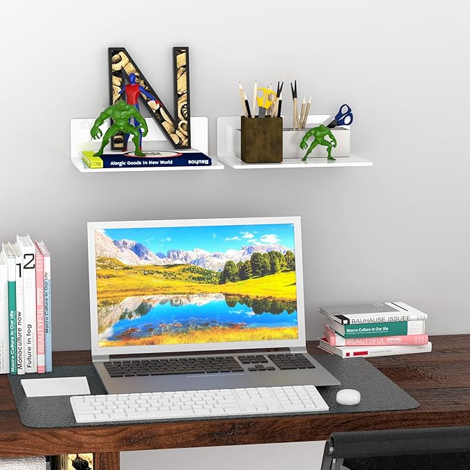 9 Inches Acrylic Wall Shelves 2 Pack, Floating Shelf for Wall Mounting, Acrylic Display Ledges for Funko Pop Figures, Home Décor, Living Room, Gaming Room, Plants(9 inch, White)-NeatNest
