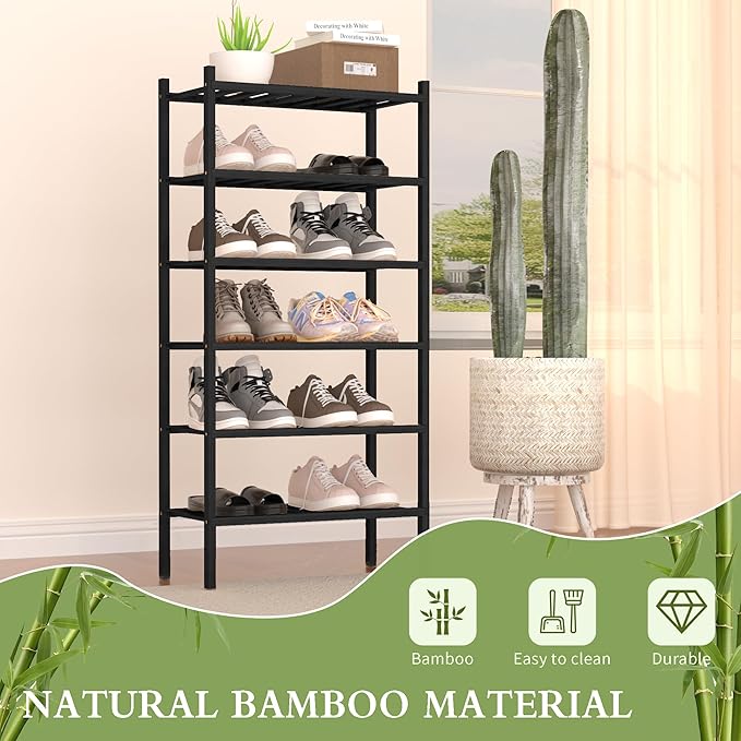 6-Tier Bamboo Small Shoe Rack, Free Standing Wood Shoe Shelf Storage Organizer for Closet Entryway Stackable (Black)-NeatNest