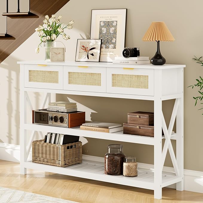 Console Table with 3 Rattan Drawers, Wooden Entryway Table with 3-Tier Storage Shelves, Display Shelf for Entryway, Hallway, Foyer and Living Room, White-NeatNest