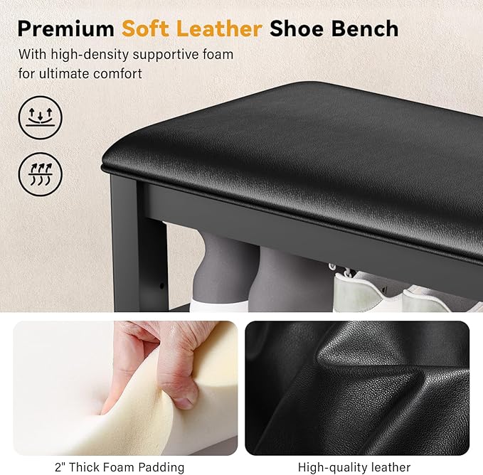 Shoe Rack Bench Entryway Storage with Leather Cushion, Shoe Organizer Bench for Entryway, Ideal for Front Doors Entrances Hallway Mudroom Featuring Rubberwood And 3 Height-Adjustable Removable Shelve