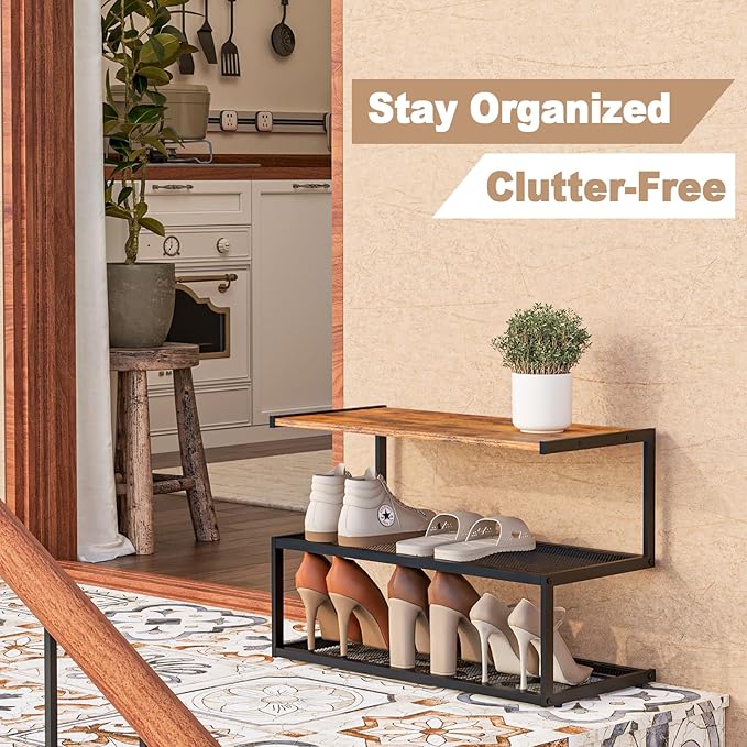 Shoe Rack, Unique 5-Shaped Free Standing Shoe Shelf, 3-Tier Wooden Shoe Organizer with Wooden Top and Steel Frame for Front Door Entrance, Entryway, Hallway, 24.41" D x 11.02" W x 16.14" H-NeatNest