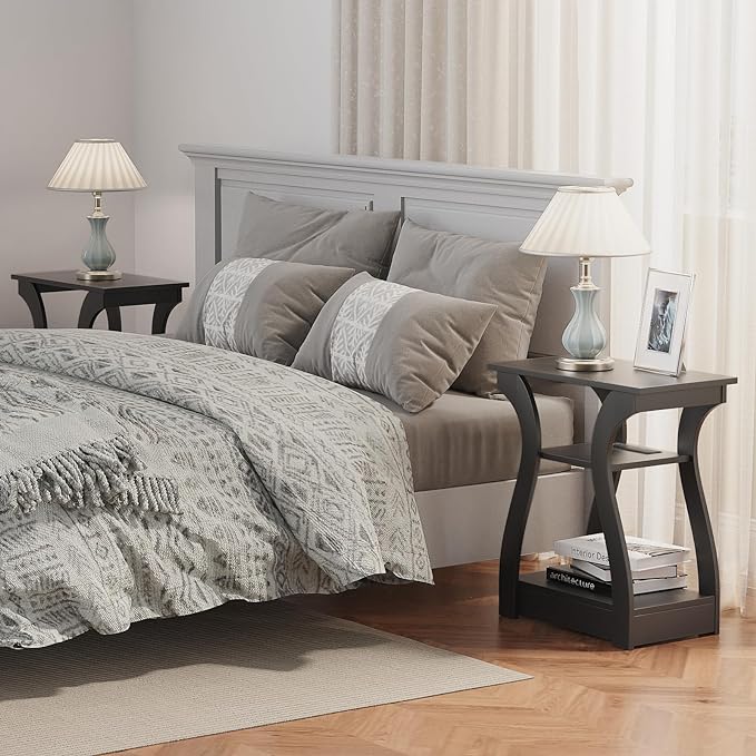 End Table with Charging Station, Side Table with USB Ports and Outlets, 3 Tier Nightstand Sofa Table for Small Spaces, Beside Table with Storage Shelf for Living Room, Bedroom