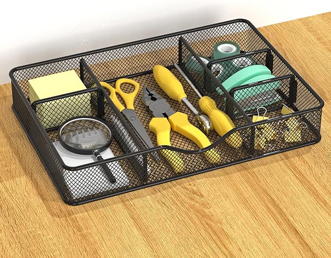 Desk Drawer Organizer Tray, Metal Mesh Drawer Organizers Office, 6 Adjustable Compartment, Desk Organizer Tray for Home Office 12.87L x 8.73D x 1.96H inch, Black, 1PC Medium-NeatNest