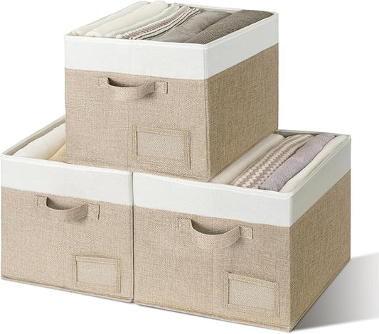 GRANNY SAYS Closet Storage Bins, Fabric Storage Baskets, Large, Khaki & Ivory, 3-Pack