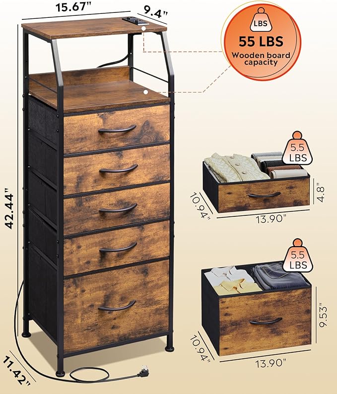 WLIVE LED Nightstand with Charging Station, Fabric Dresser with 5 Drawers for Bedroom, Tall Night Stand with Open Shelves, Bed Side Tables Living Room, Rustic Brown