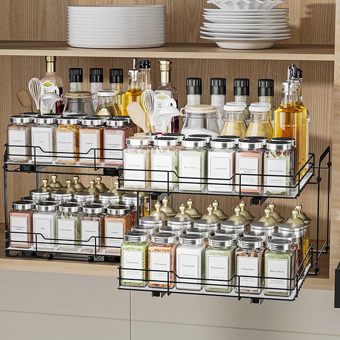 2-Tier Pull Out Spice Rack, Spice Rack Organizer, Pull Out Spice Racks for Inside Cabinets, Height Adjustable Heavy Duty Metal Basket for Inside Cabinet & Pantry (13.5''Wx10.5''Dx9.5''H)-NeatNest