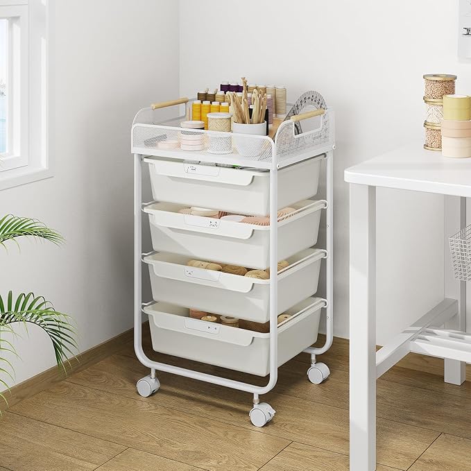 Rolling Utility Storage Cart with 4 Drawers - 4 Tiers Rolling Cart Craft Cart, Storage Drawer Cart Organizer for Craft Room Office Bedroom Classroom with Mesh Top & 4 PCS DIY Lable, White