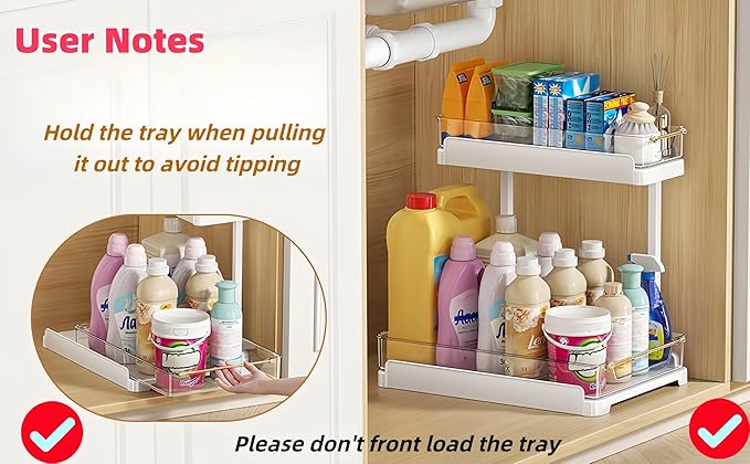 heart & home 1-Pack Under Sink Storage Organizer for Kitchen & Bathroom Cabinets with Removable Washable Tray, Tool-Free Assembly – Multi-Purpose for Kitchen Countertop, Vanity, & Laundry Room，White-NeatNest
