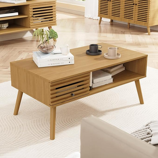 Coffee Table, Mid Century Modern Table with Storage, Living Room Center Table with Slatted Panel Drawer, Fluted Wood Coffee Table with Open Shelf for Living Room, Oak-NeatNest