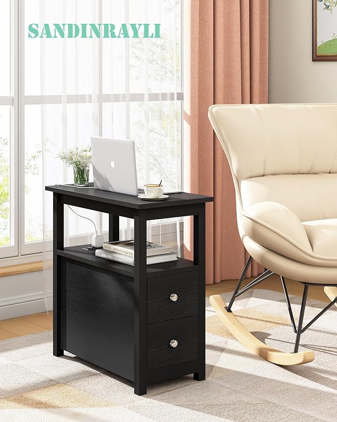 Sandinrayli End Table with Charging Station, Side Table with 2 Drawer & USB Ports & Power Outlets, Nightstand for Small Spaces, Bedside Tables for Living Room Black
