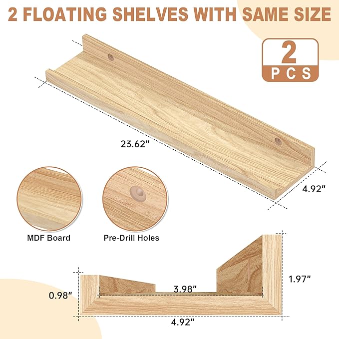 Floating Shelves Wall Mounted Set of 2,Wall Shelves for Decor Storage 23.6 Inch, Wall Mounted Wood Shelves for Bedroom, Living Room, Bathroom, Kitchen, Office, Natural-NeatNest